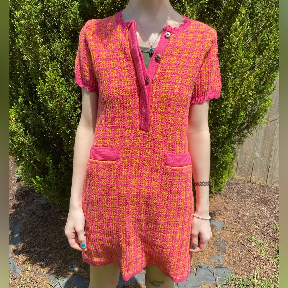Free Assembly Pink & Orange Tweed Mini Sweater Dress Short Sleeves Size XS